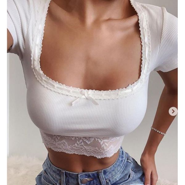 

women's t-shirt cute summer tunic square neck short sleeve ribbed knit basic tee with floral lace trim streetwear, White