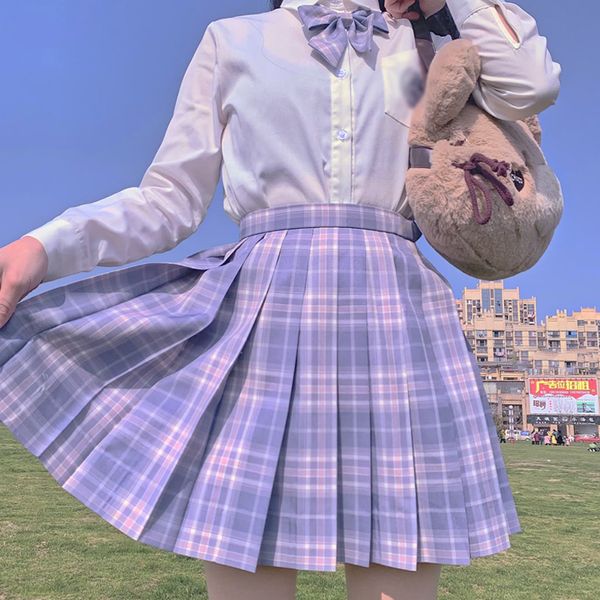 

purple smoke] students girls long/short sleeve high waist pleated skirts plaid skirts women jk school uniform japanese college, White