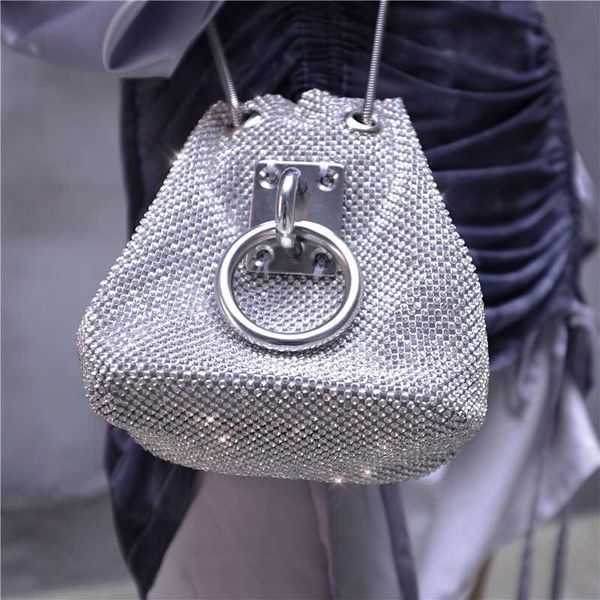 

stylish punk cool girl shiny rhinestone silver bucket crossbody bag