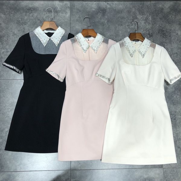 

high end 2020 black/pink/apricot peter pan collar short sleeves women's dress designer crystals dresses milan runway gown 8040632, Black;gray