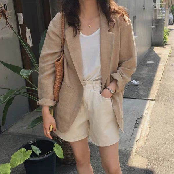 

ewq] autumn 2020 new slim loose cotton linen women jacket female suits outwear korean version of chic ladies office coat qv1676, White;black