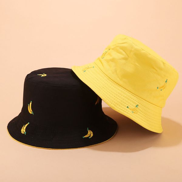 

double-sided banana fruit hat female fisherman hat outdoor sun protection visor bucket cap (black + yellow