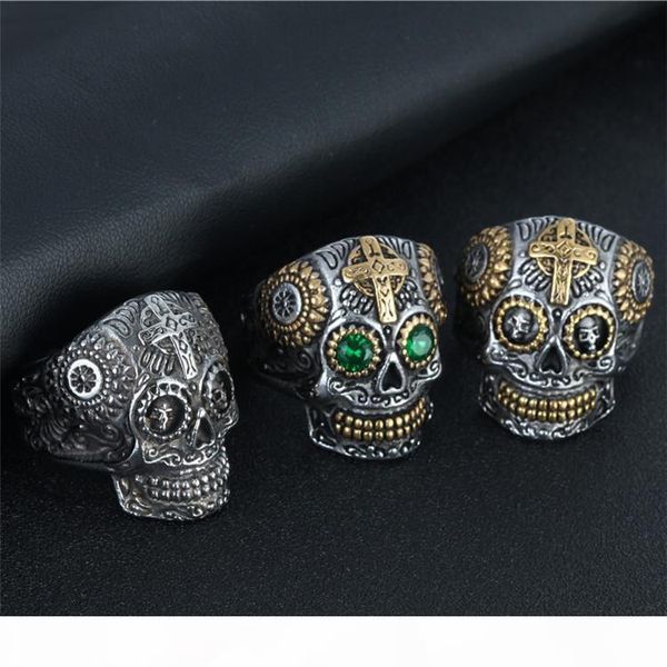 

r mens stainless steel biker rings jewelry skeleton punk ring vintage gothic skull harley motorcycles cross male ring, Silver