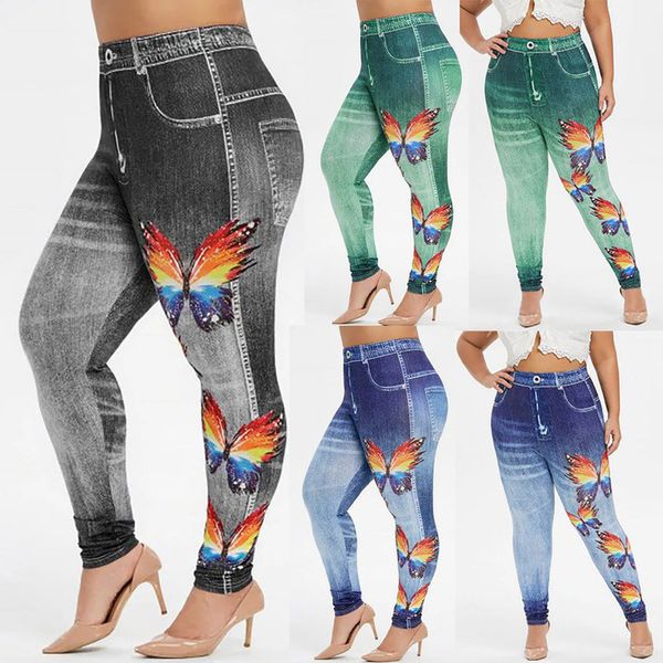 

womens plus size legging butterfly printing elastic waist pencil pants casual no pocket jeans jeggings high waist leggings, Black