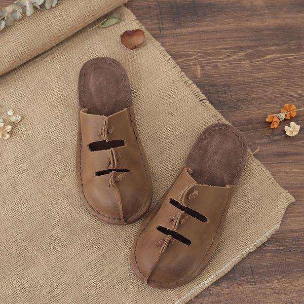 

frmlz p506 new women's shoes rear empty ethnic style half-toe sandals flat heel chinese sandals and slippers style genuine leather summ