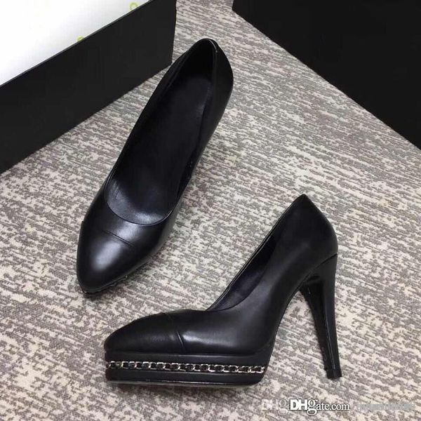 

2019 new high-heeled woman shoes 10cm waterproof platform cowhide luxury designer stilettos high heeled boat shoes, Black