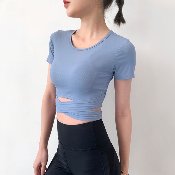 

0ze1c new spring and summer fitness short sleeve women's solid color clothes clothes yoga suit slim round neck cross sports slim bre, White;red