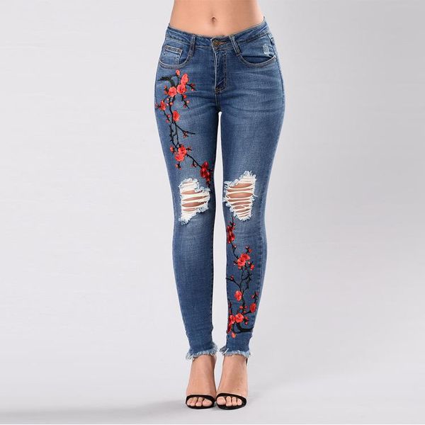 

stretch embroidered jeans for women elastic skinny jeans 2020 spring hole ripped slim denim pants plus size, Blue