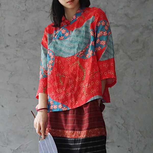 

johnature summer new cotton linen retro print stand three quarter sleeve shirt 2020 simple comfortable all-match women, White