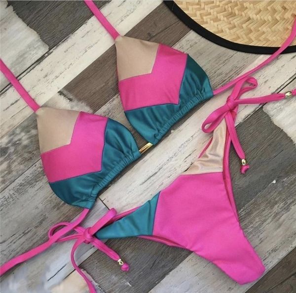 

string bikinis 2020 mujer brazilian thong bikini set halter swimwear women patchwork swimsuit female bathing suit bandage new, White;black