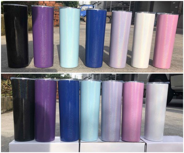 

2020 new 20oz радугу skinny tumbler из нержавеющей стали сверкать прямая чашка с двойной стенкой с вакуумной изоляцией блестки кружка кофе с