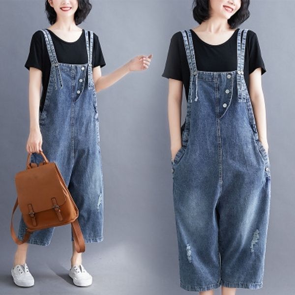 

gwejq artistic fat sister denim suspender women's loose hole one-piece capri artistic fat sister denim suspender sling sling pants wome, Blue