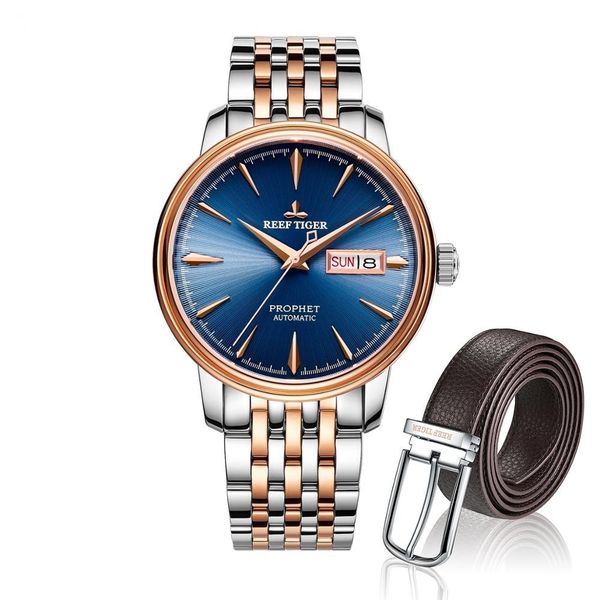 

reef tiger classic prophet blue dial two tone case mens automatic watch and leather belts set, Silver