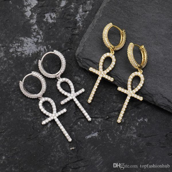 

Iced Zircon Ankh Cross Earring Gold Silver Color Micro Paved Bling CZ Stone Earrings For Man Women Hip Hop Jewelry