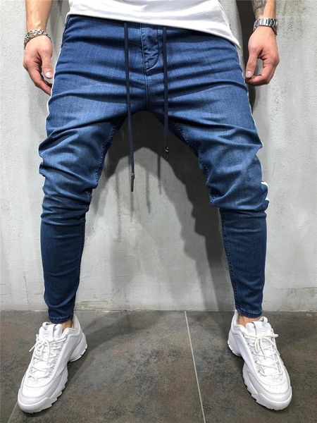 

mens designer street style pants casual drawstring panelled mens clothing fashion men low end pencil jeans, Blue