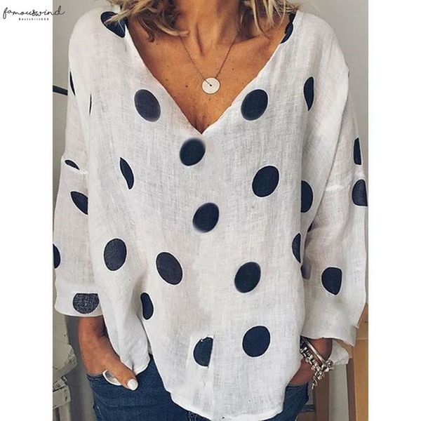 

2020 polka dots print women polyester casual blouse shirt long sleeve buttons loose womens blouses and plus size basic blus, White