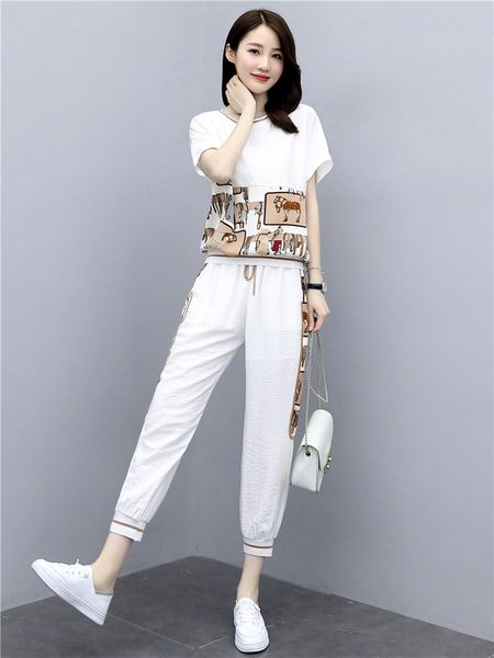 

ypk2j 2020 fashion women's casual pants two-piece suit summer new women's clothing age-reducing western style slimming casual legg, Gray