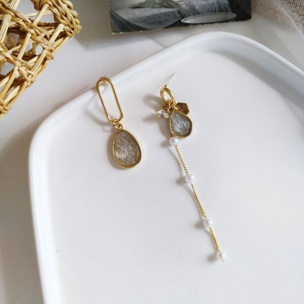 

s925 silver post корейский асимметричный water drop серьги простые жемчужина серьги длинные серьги, Golden