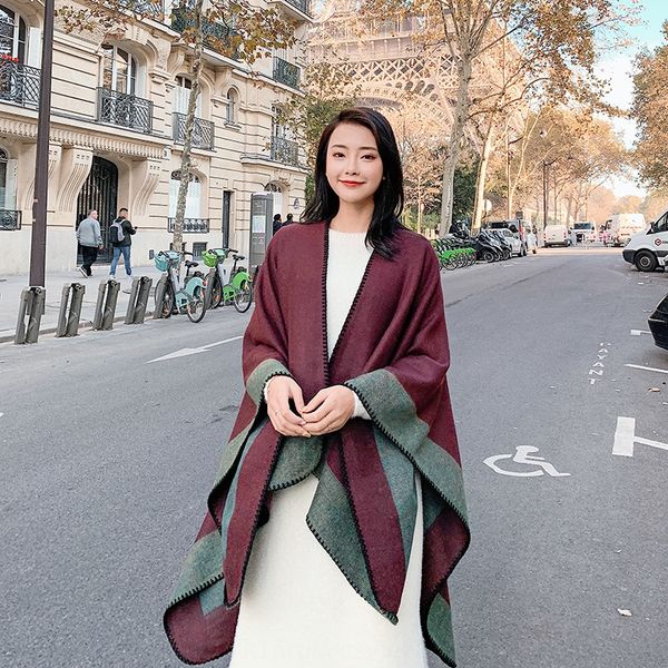 

travel split scarf dual-use women's season scarf shawl cloak shawl korean thickened long cloak winter double-sided color matching, Blue;gray