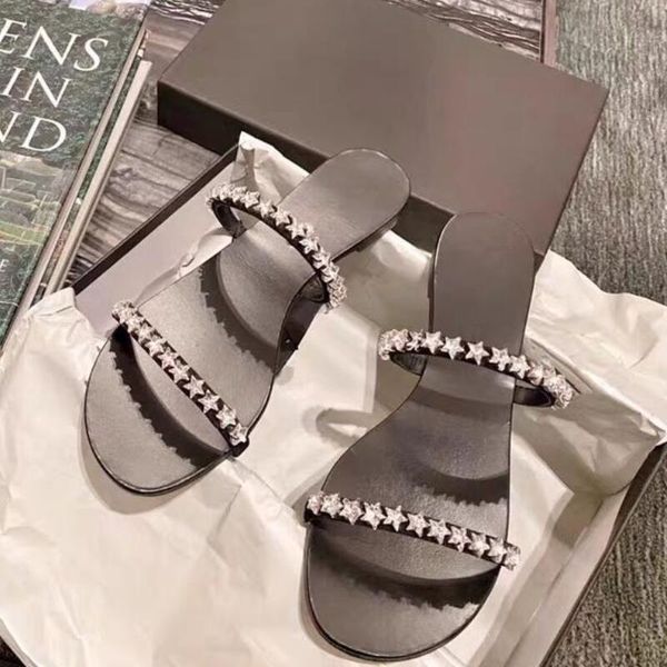 

star rhinestone slippers women sandals summer slides crystal femme pantoufles beach slippers sandles flat pantuflas de mujer, Black