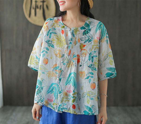 

fairynatural summer loose women ramie vintage blouse o-neck short sleeve casual blouse 2020 cardigan print shirt, White