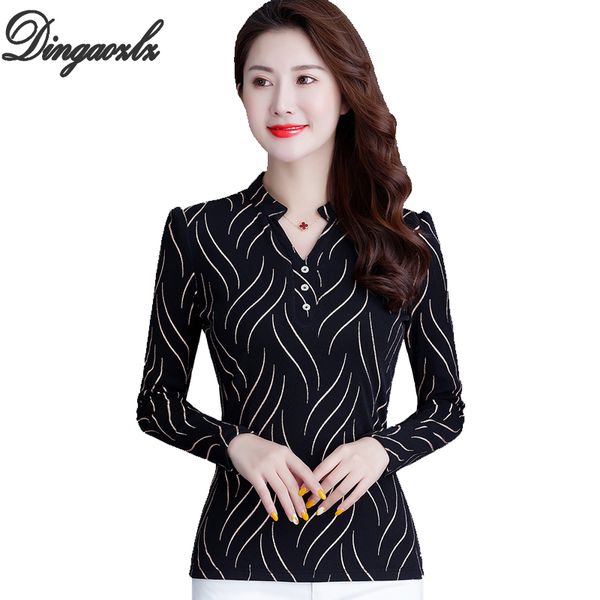 

dingaozlz -4xl 2020 new fashion women blouse long sleeve lady plus size clothing elegant elasticity mesh striped shirt, White
