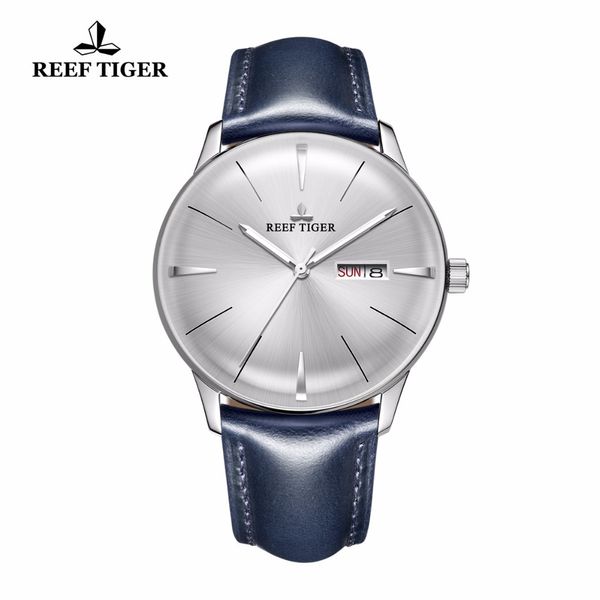 

2020 new reef tiger/rt mens dress watches convex lens white dial automatic watches blue leather band rga8238