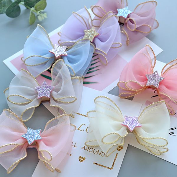 

7pieces/set fashion chiffon hair bows with clips glitter brim star girls hairpins princess party hair accessories headwear y200710, Slivery;white