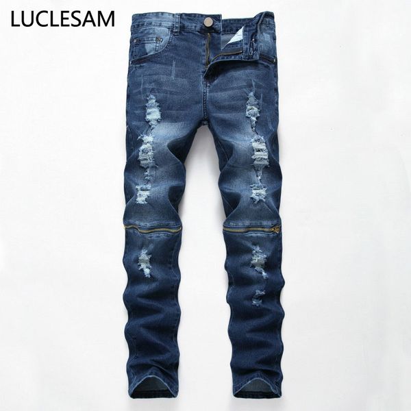 

mens ripped jeans with zipper denim pants men slim fit hip hop moto biker jeans for men casual stretch big holes skinny trousers, Blue