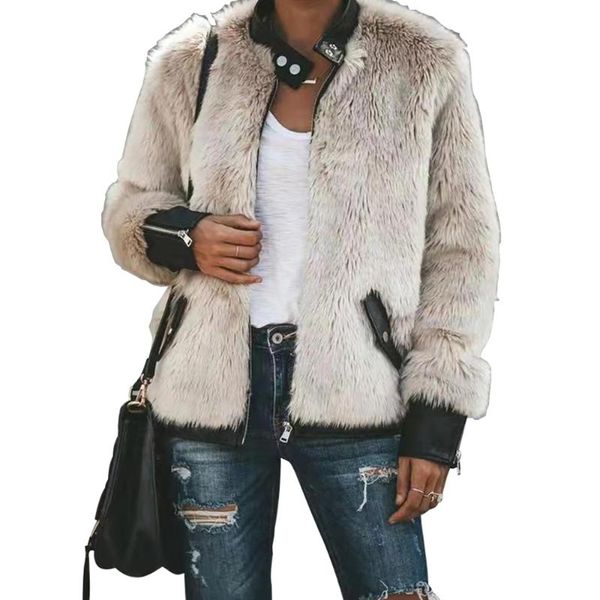 

elegant faux fur coat women plush overcoat pocket casual teddy leather outwear zipper winter coat fleece jacket biker fur jacket, Black
