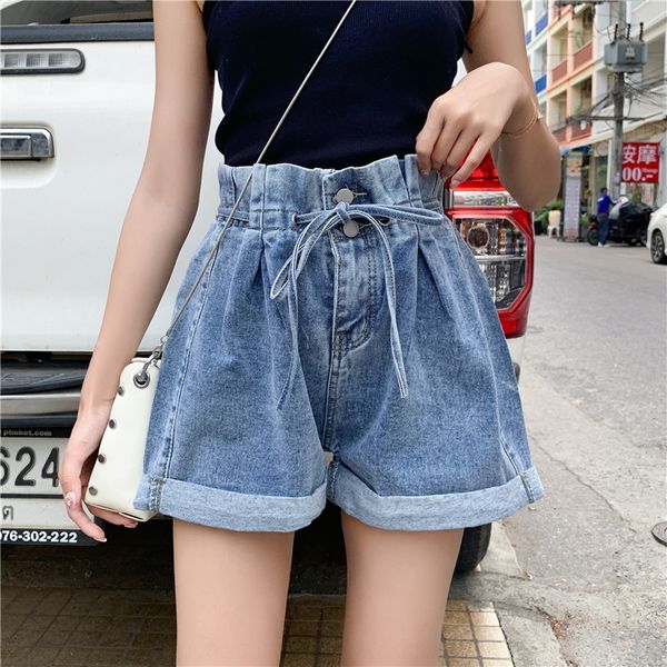 

zawrl summer new large size fat shorts pants mm denim shorts women's high waist loose slimming curling a- line wide leg pants fashio, Blue