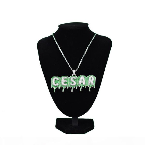 

a-z custom name green epoxy bubble drop letter chain necklaces & pendant zircon men's hip hop jewelry with 18" 20mm width cuban li, Silver