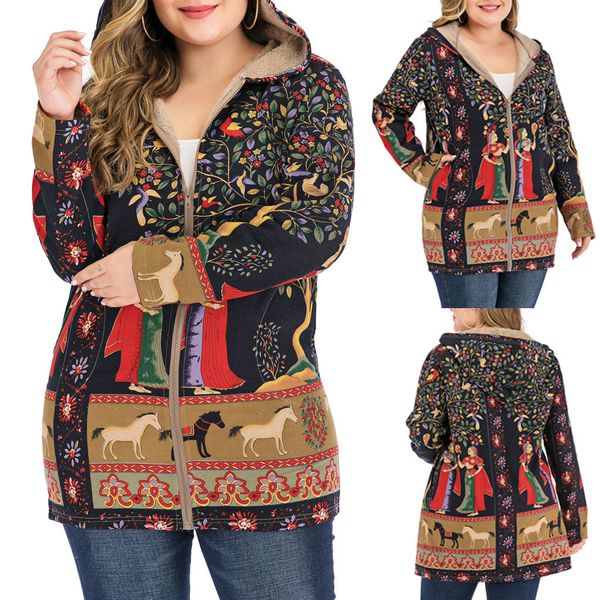 

womens coat winter warm outwear floral print hooded pockets vintage oversize female coats womens casual outwear plus size s-5xl