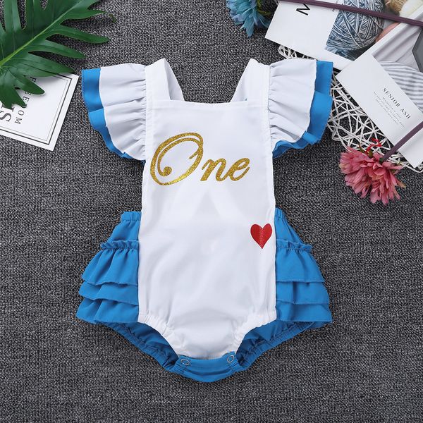 

newborns baby girls fancy clothing flutter sleeves letters one sweet-heart pattern romper infantil bebe cosplay party costumes, Blue