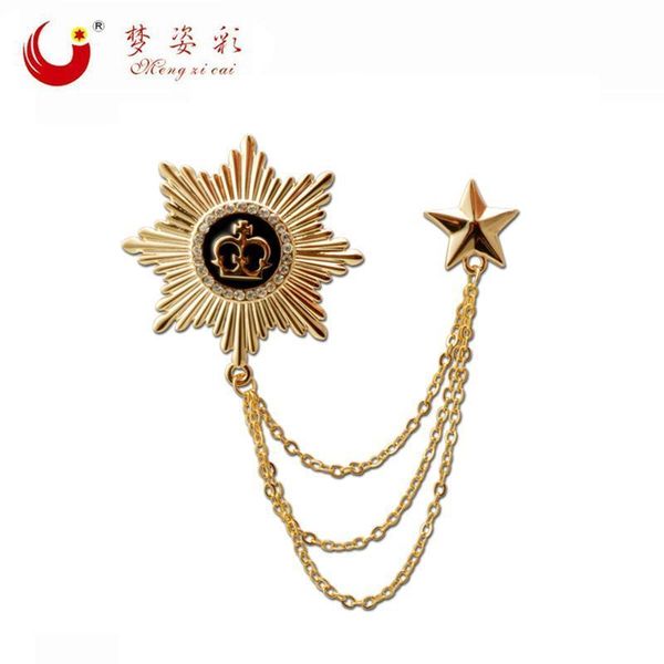 

double luxury gold octagon crown broach homme party star lapel pin male suit link brooch chain for garment men broche accessies, Gray
