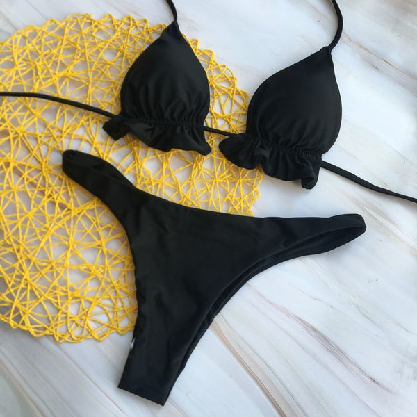 

2020explosion models solid color bikini halter ruffled bikini women swimwear female swimsuit two-pieces set bather, White;black