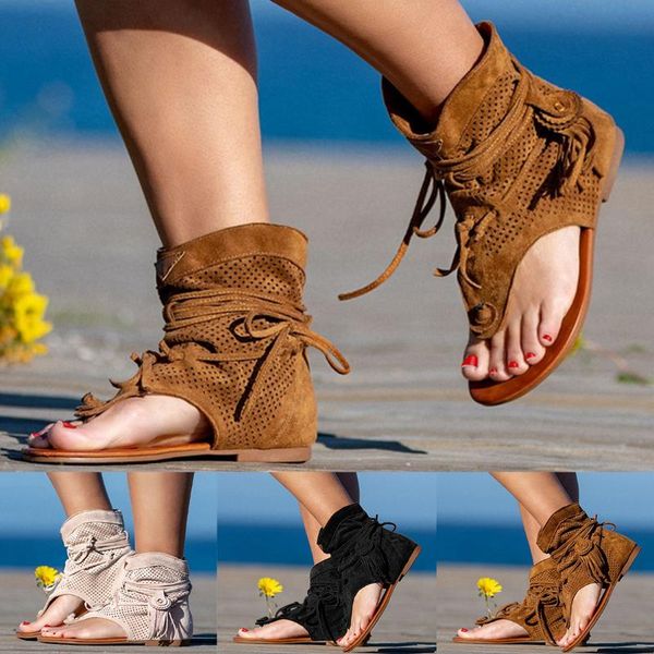 

retro flat fringed sandals 2020 bohemian sandals pu clip toe tassel beach dropshipping, Black