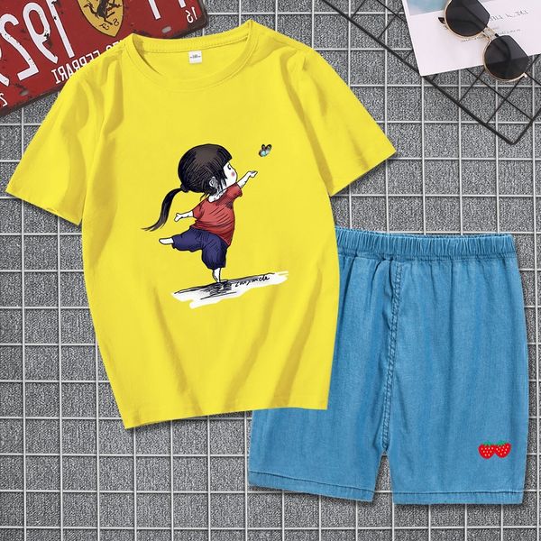 

2020 girls t-shirt shorts summer wear medium and pajama children's large children's home wear short sleeve suit