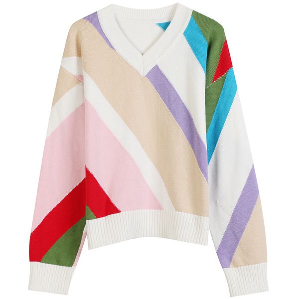 

women's sweaters [ewq] 2021 autumn winter sweet loose casual pullover knitted long-sleeved contrast color striped gold thread sweater, White;black