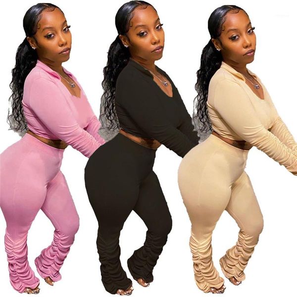 

set casual solid color long sleeve v neck two piece sets lapel neck high waist women suits women stack pants, White