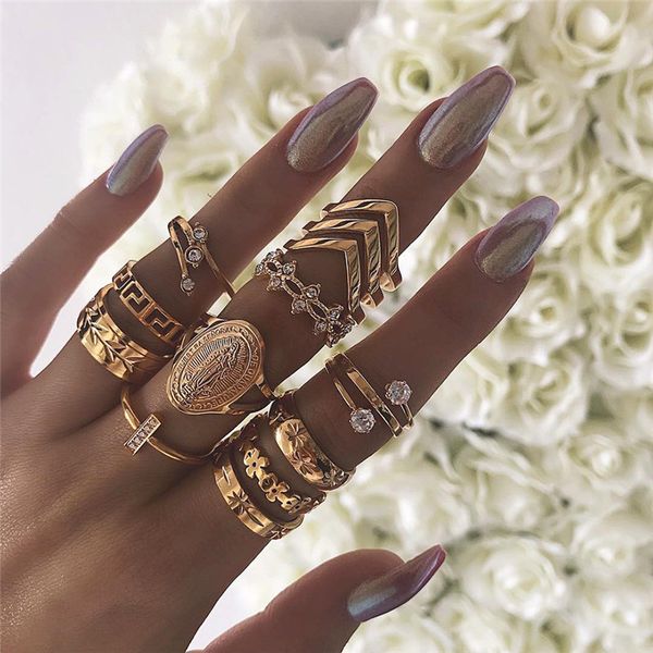 

newbuy 13pcs/set bohemian midi knuckle ring set for women gold color flower arrow maria punk finger ring femme bijoux, Golden;silver
