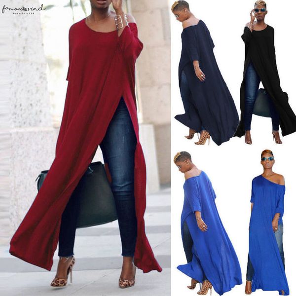 

fashion brand ladies women off shoulder long sleeve casual blouse high split tunic shirts clothes long clothing, White