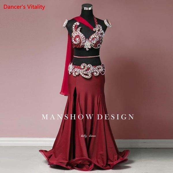 

belly dance set new female high-end color diamond bra suit profession custom performance skirt and accessories, Black;red