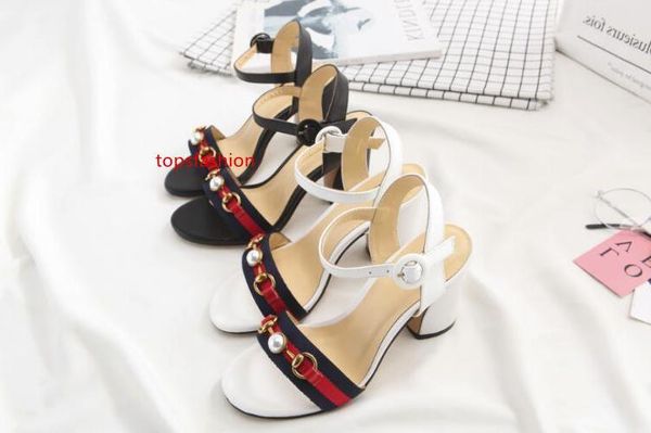 

2019 letter ribbon pearl metal buckle 8cm high-heeled shoes genuine leather fashion woman thick heel sandals with, Black;green
