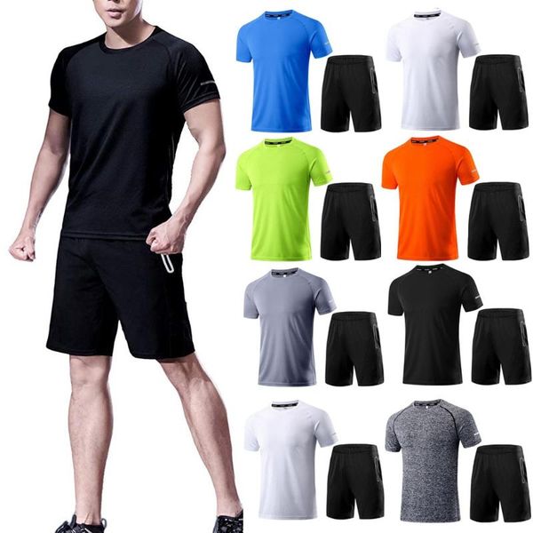 

casual male tracksuit clothing summer men set fitness suit sporting suits short sleeve t shirt + shorts quick drying 2 piece set, Gray