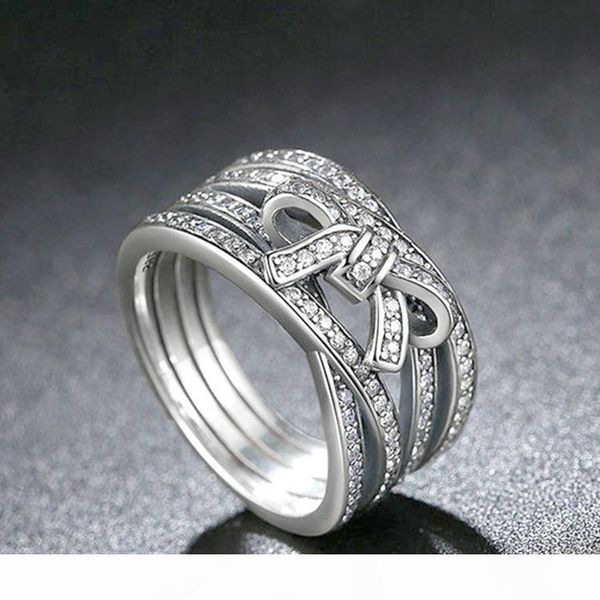 

r authentic 925 sterling silver cz diamond ring set logo original box for pandora delicate sentiments bowknot ring for women girls, Slivery;golden