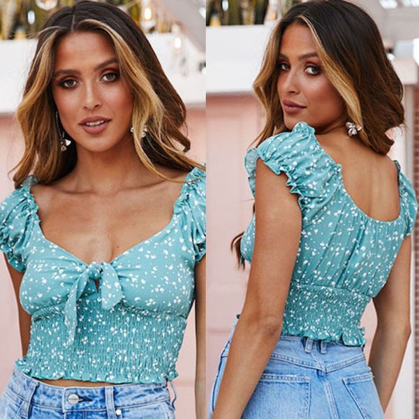 

ruffles elegant summer floral print crop up women casual tank top, White