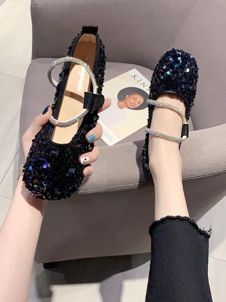 

sweet and versatile 2020 new summer sequins shallow mouth women's shoes square head soft bottom peas women's shoes tide, Black