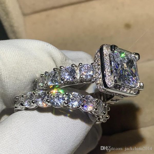 

victoria stunning luxury jewelry couple rings 925 sterling silver princess cut white z cz diamond party women wedding bridal ring set, Slivery;golden