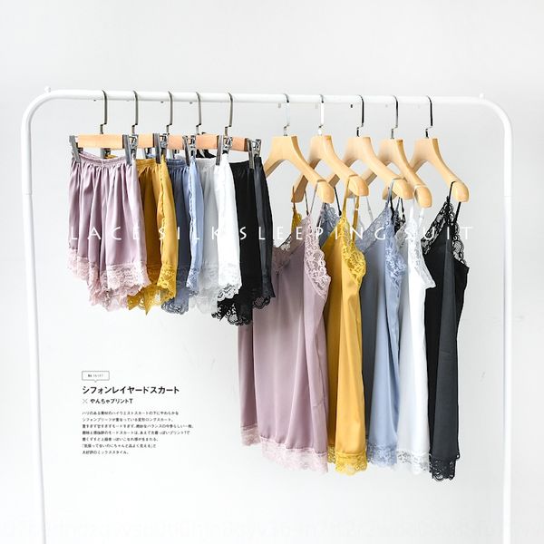 

qketi summer new imitation silk suspender pajamas shorts suit light pants set lace home clothes lace breathable fashion temperament home clo, Blue;red